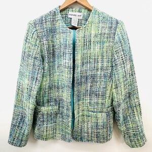 VTG 90's Women's Bedford Fair Blazer Sz 10 Preppy Blue Green Paid Jacket S1008